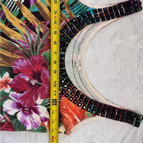 Cache Sz S Y2K Beaded Tropical Tank top Scoop Neck Hibiscus Floral Bold Mob Wife - Picture 10 of 13